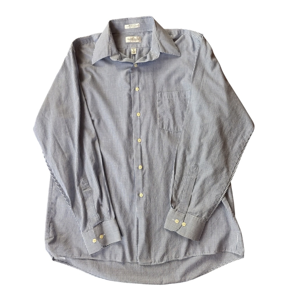 Van Heusen Button Down Shirt Mens L 16 34/35 Blue Gingham Wrinkle Free